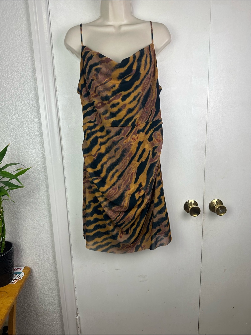 Wayf Animal Print Mini Slip Dress - Black, Brown & Mustard - Picture 3 of 6